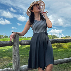 sail away dress in city stripe + lava heather combo