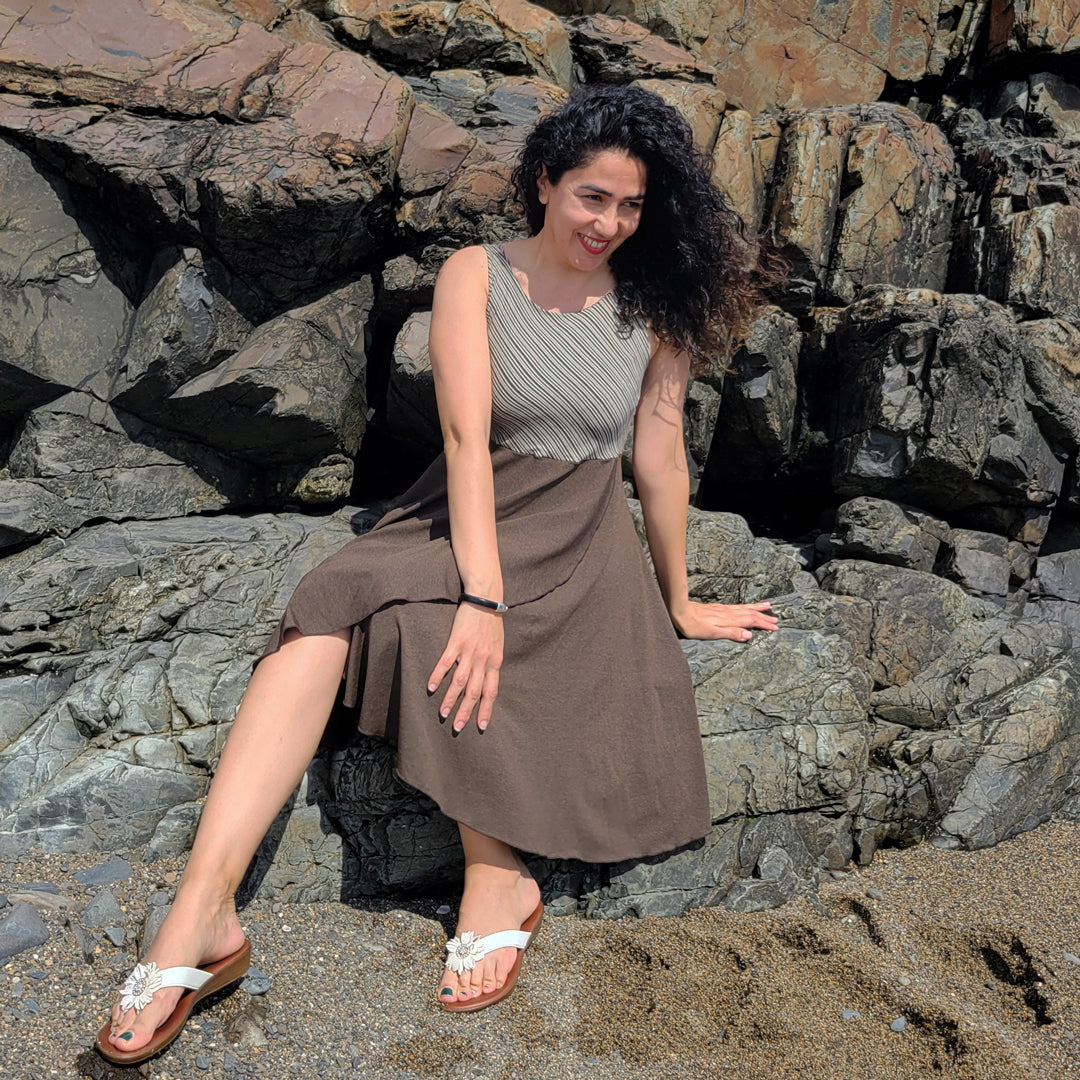 sail away dress in earth stripe + espresso heather combo