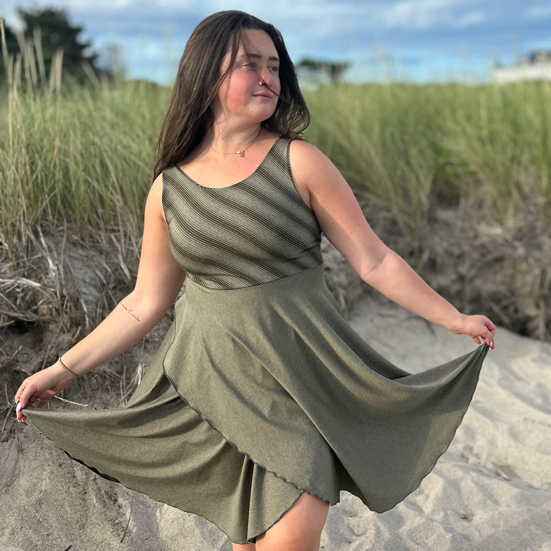 sail away dress in country stripe + sage heather combo 