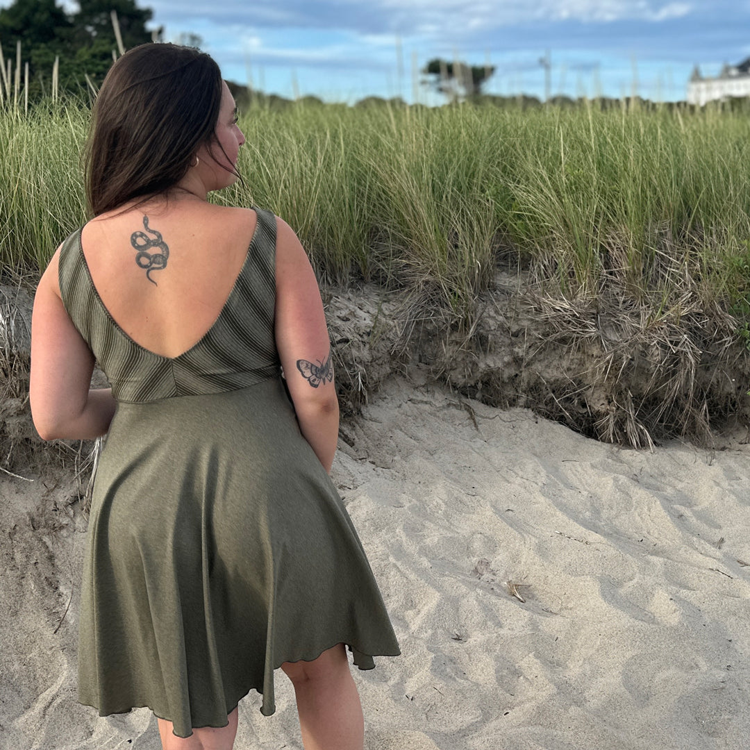 sail away dress in country stripe + sage heather combo