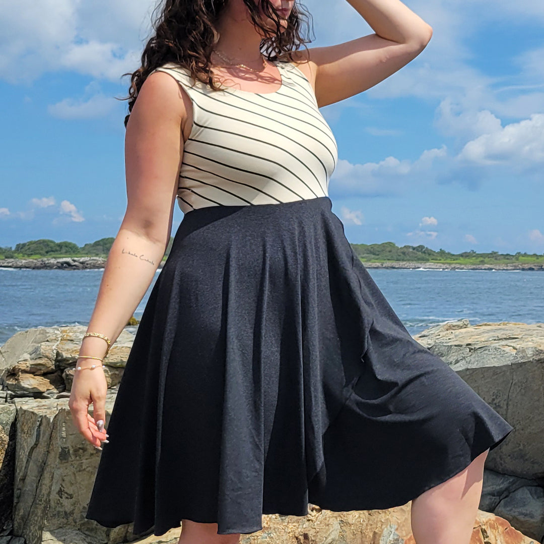 sail away dress in yang stripe + lava heather combo