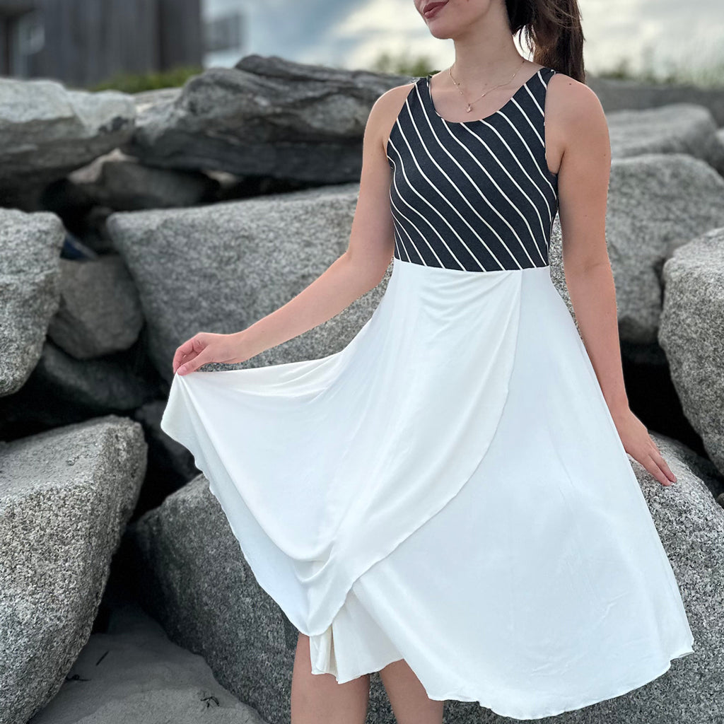 sail away dress in yin stripe + milk bamboo combo