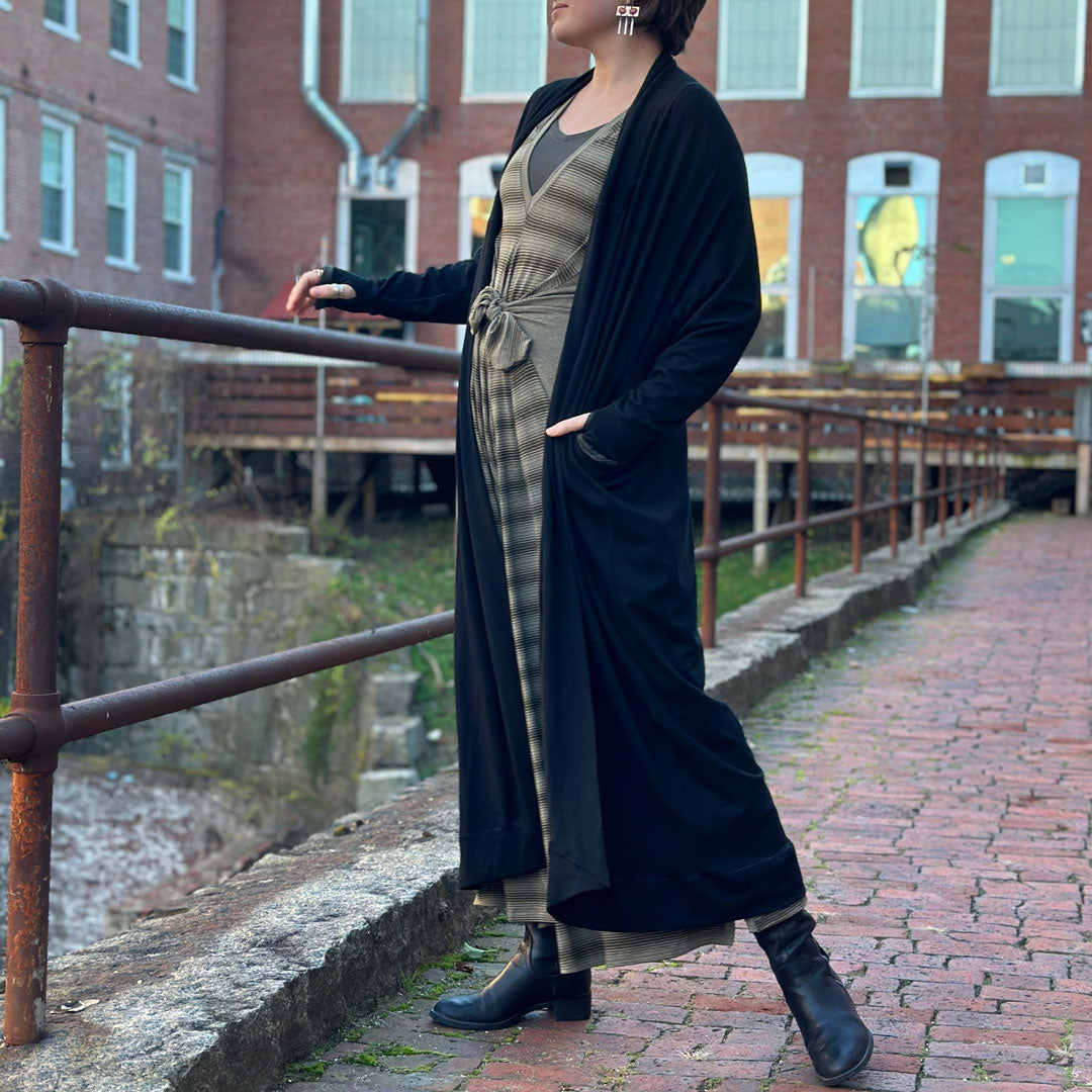 farmer country stripe jumpsuit with black duster