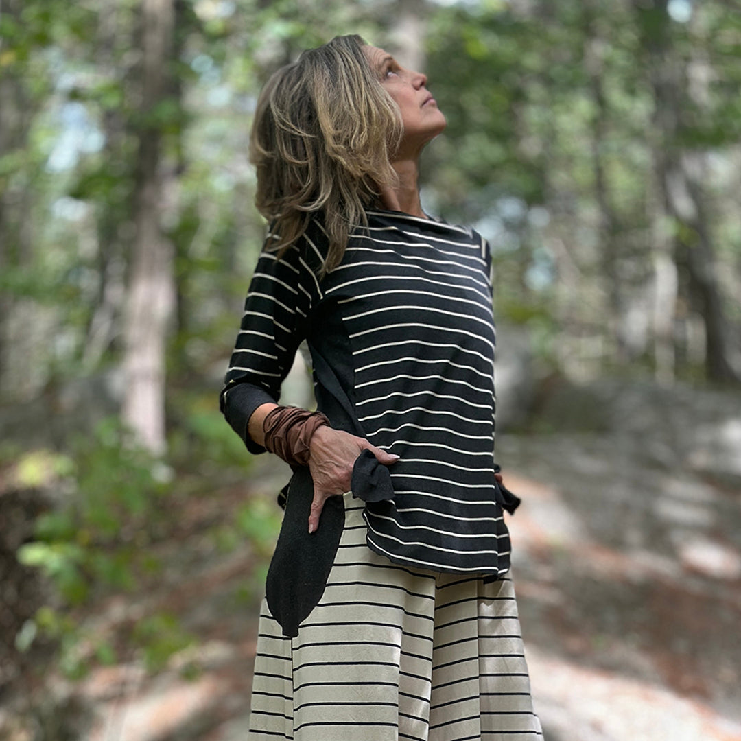 homerun shirt in yin stripe with farmer jumpsuit in yang stripe