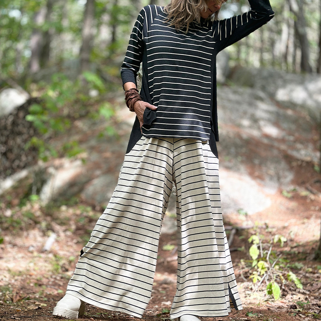 homerun shirt in yin stripe with farmer jumpsuit in yang stripe