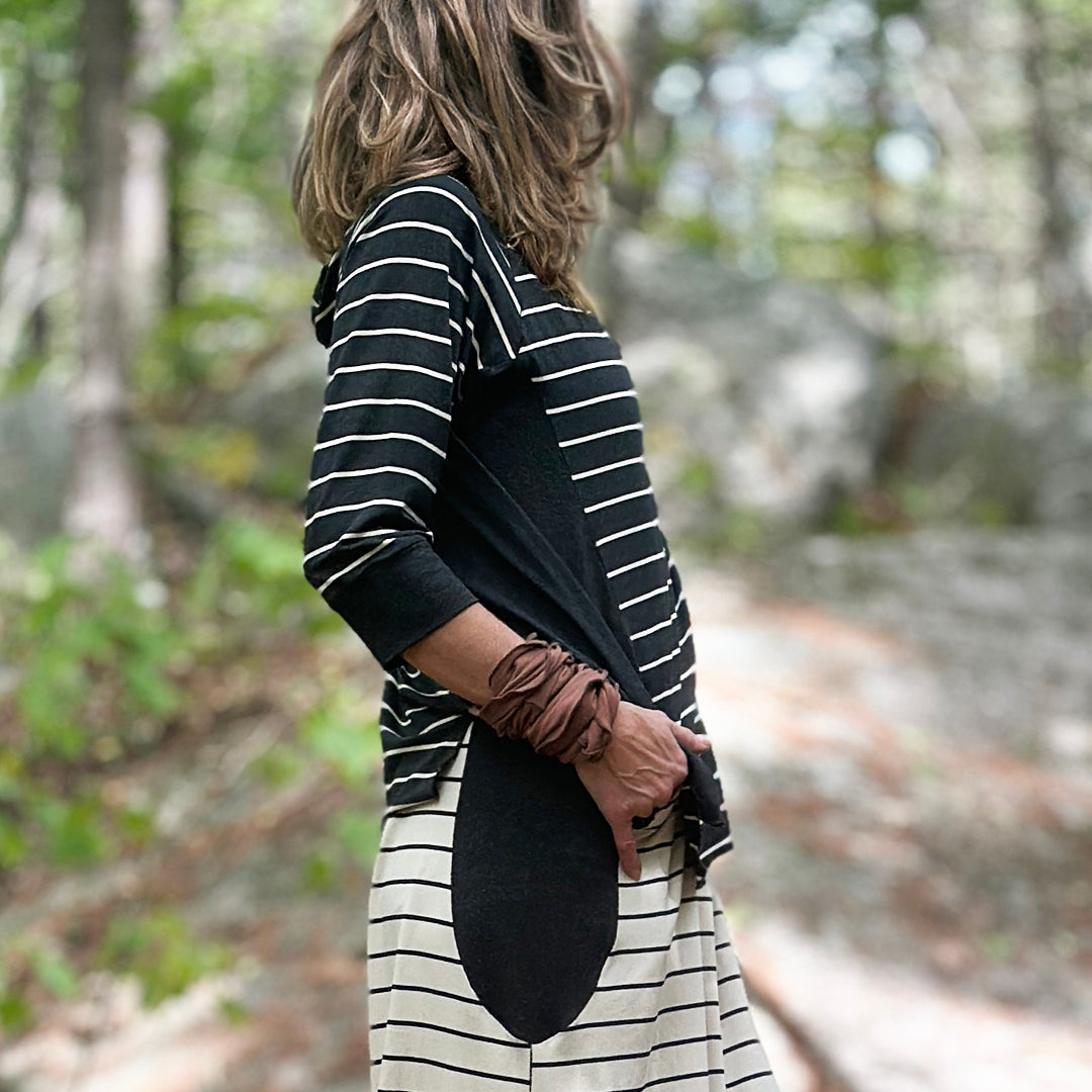 homerun shirt in yin stripe with farmer jumpsuit in yang stripe