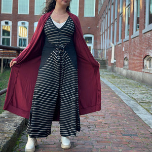 suger farmer jumpsuit in yin stripe and duster sweater in ruby