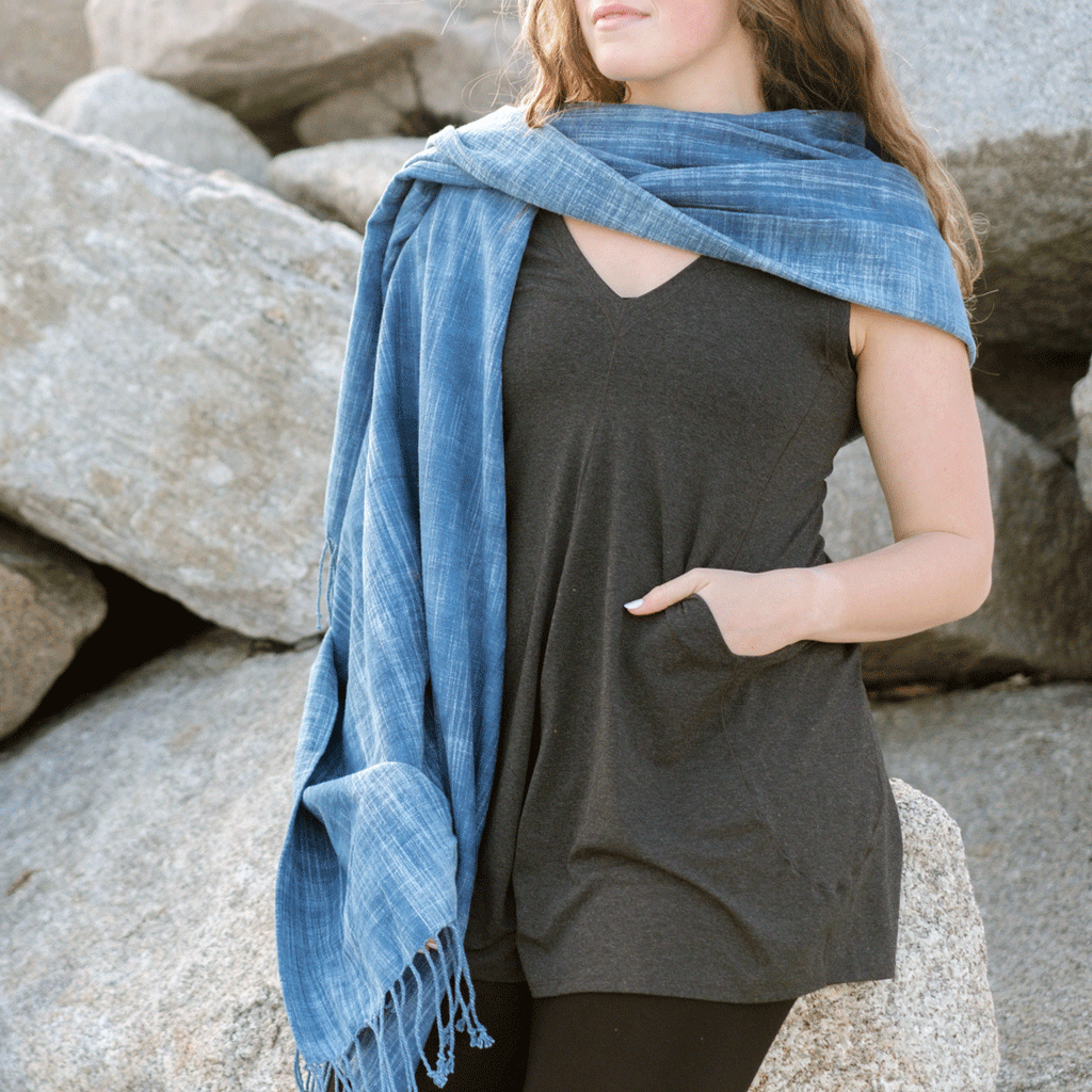suger® sun blessed cotton shawl worn with lava sprout 