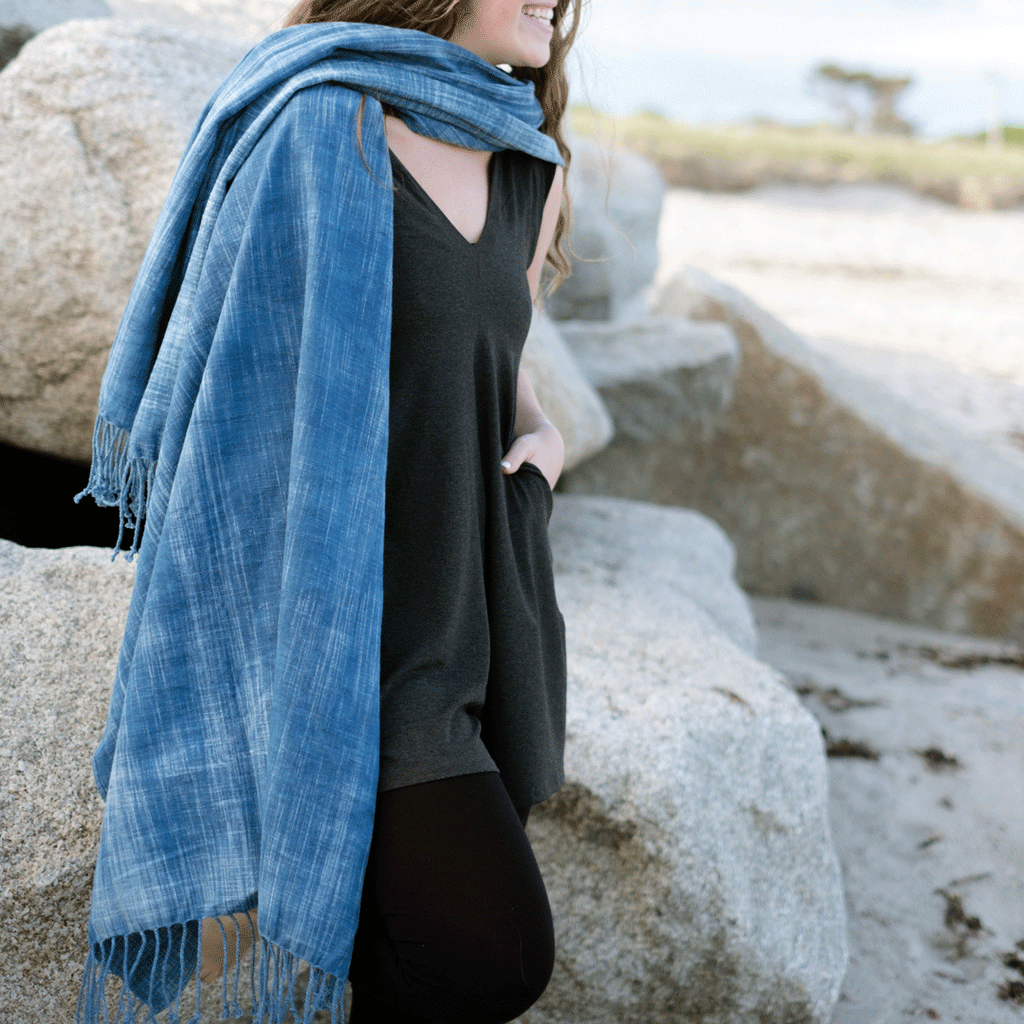 suger® sun blessed cotton shawl styled with lava sprout + black capri
