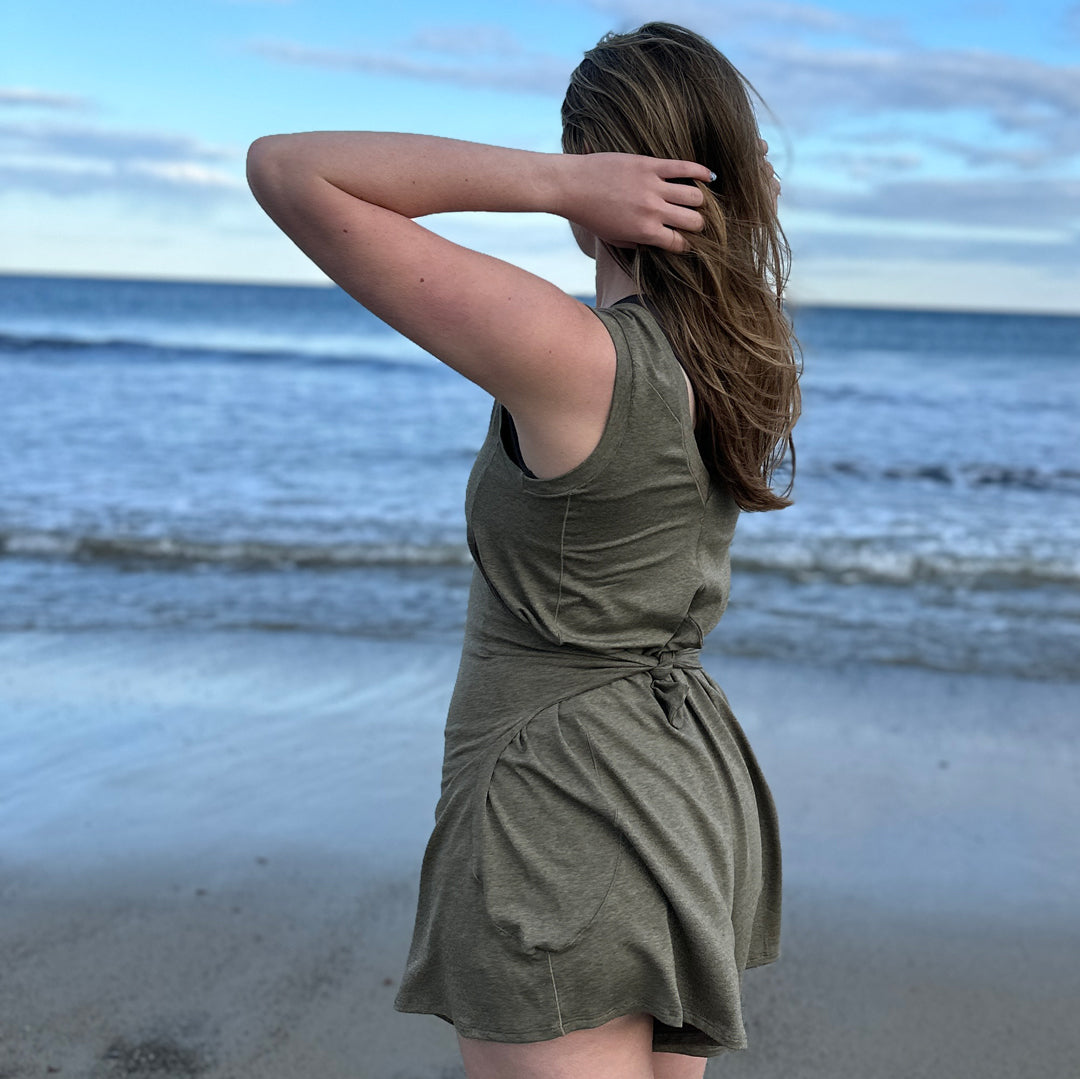 suger® sprout in sage with pockets pulled out tied in back