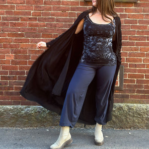 navy bloom pant with crush wifey and black duster