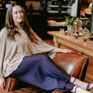 champagne shimmer mantra with midnight heather palazzo pants