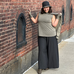 gold shimmer mantra + aria sleeves with lava heather palazzo pants