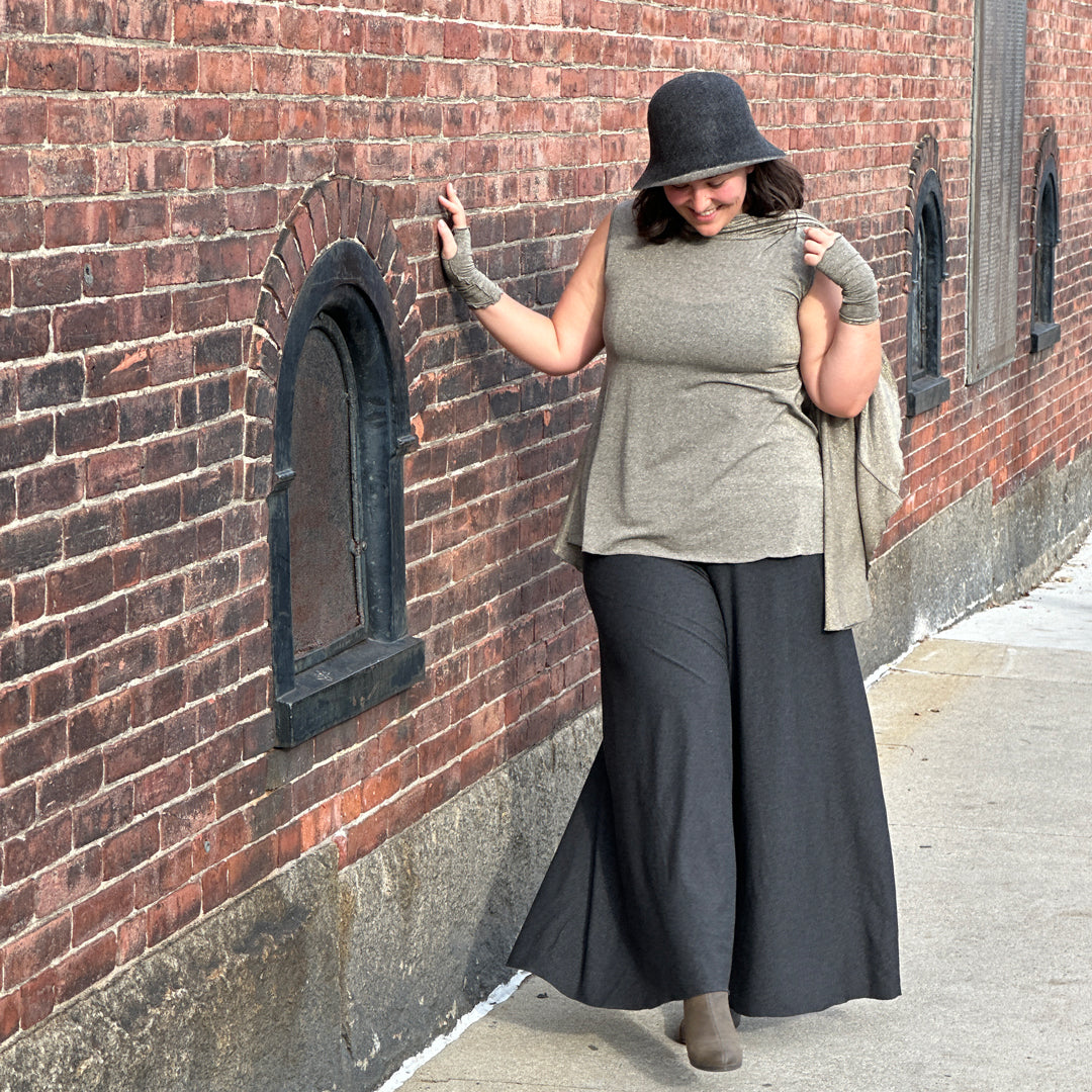 gold shimmer mantra + aria sleeves with lava heather palazzo pants