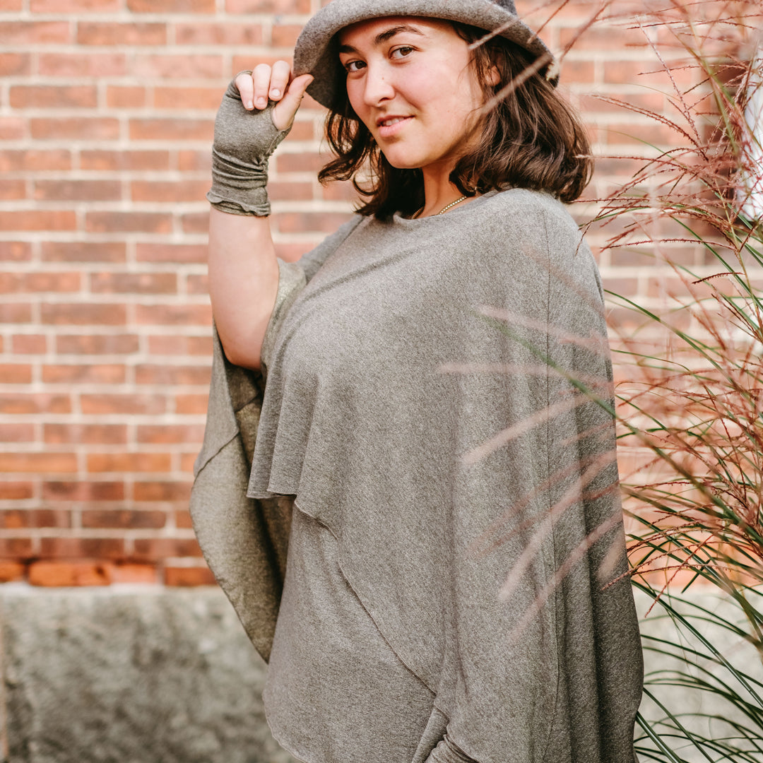 gold shimmer mantra + aria sleeves with lava heather palazzo pants