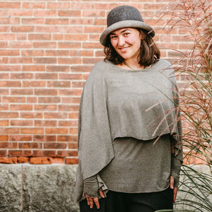 gold shimmer mantra + aria sleeves with lava heather palazzo pants