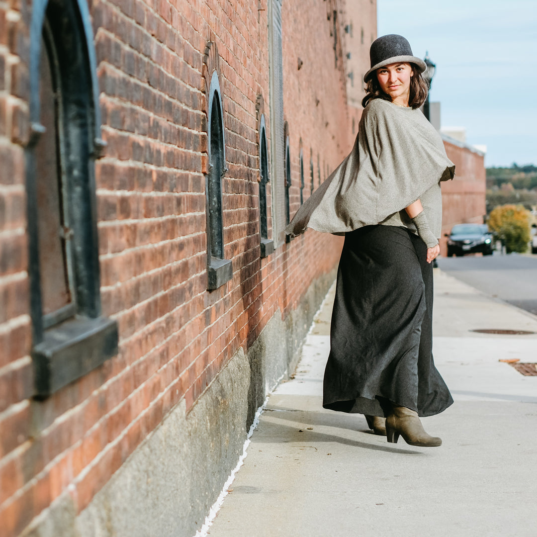 gold shimmer mantra + aria sleeves with lava heather palazzo pants