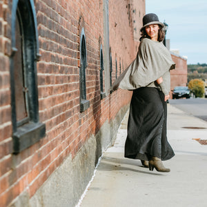 gold shimmer mantra + aria sleeves with lava heather palazzo pants