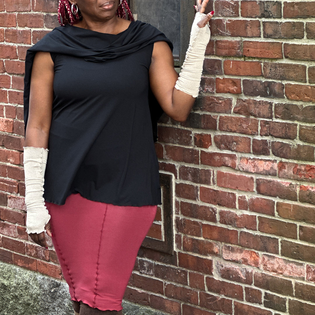 tissue black mantra with ruby pencil skirt and heaven shimmer opera sleeves