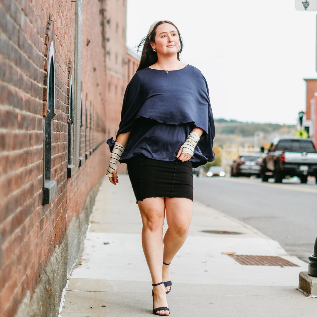 tissue navy mantra with black pencil skirt and yang strip aria sleeves