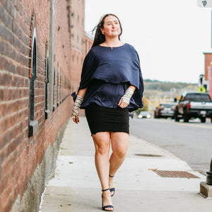 tissue navy mantra with black pencil skirt and yang strip aria sleeves