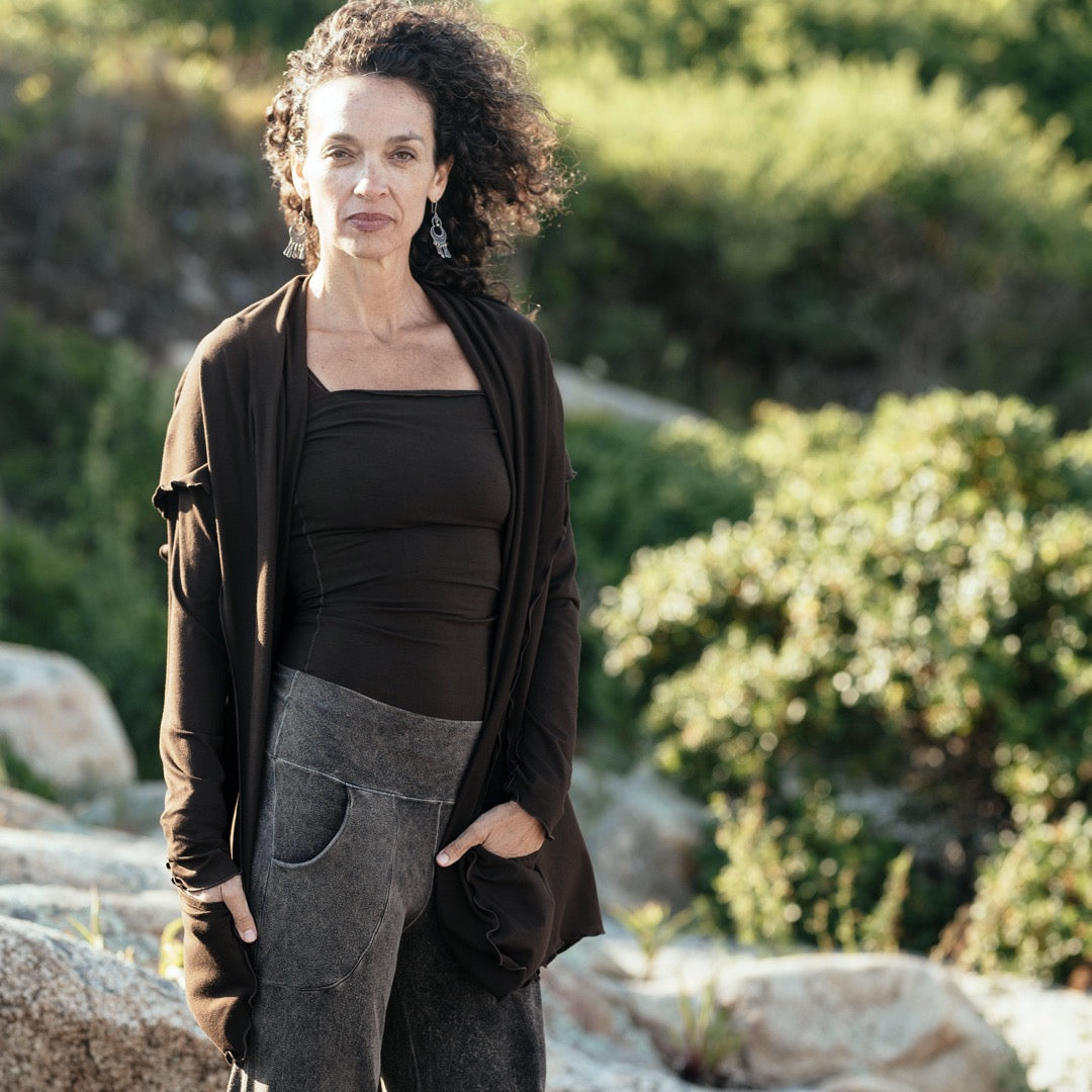 peat bamboo cardi jacket + mineral harlow pants