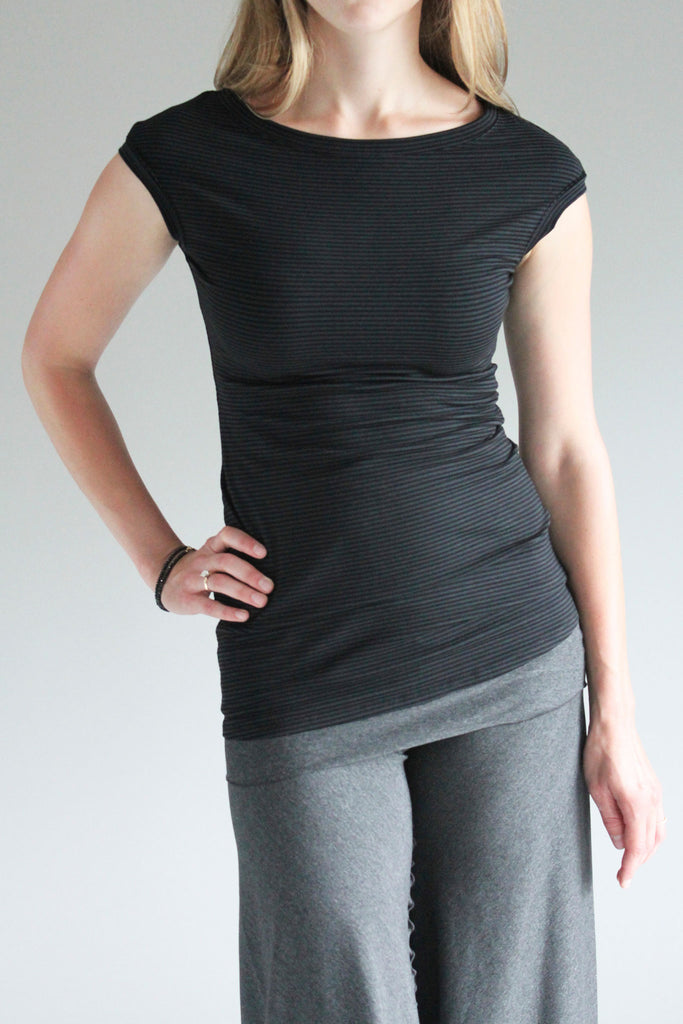 suger cap tunic in bamboo organic cotton subtle stripe with charcoal swirlsuit