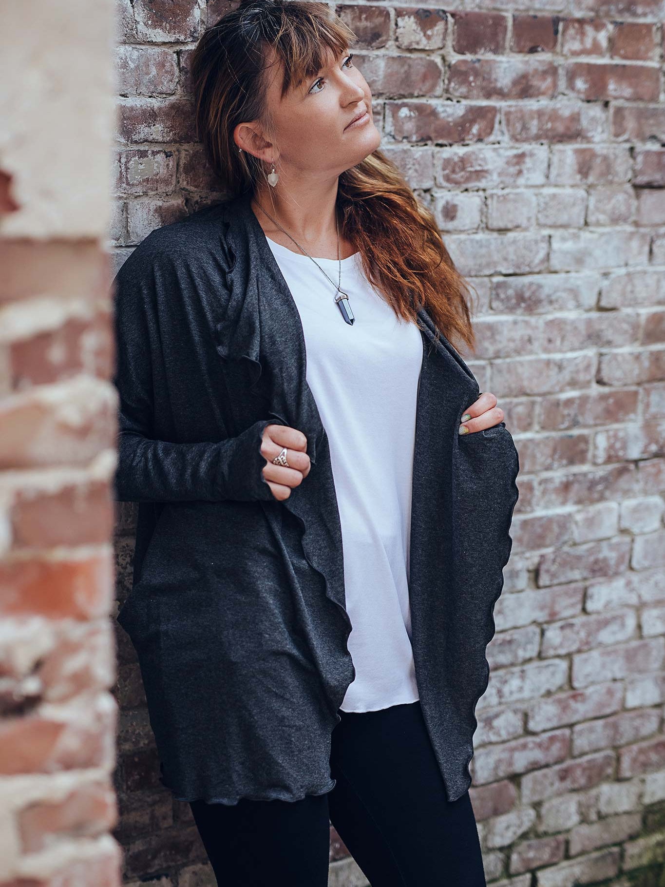 true pearl flowy t in white + river in charcoal