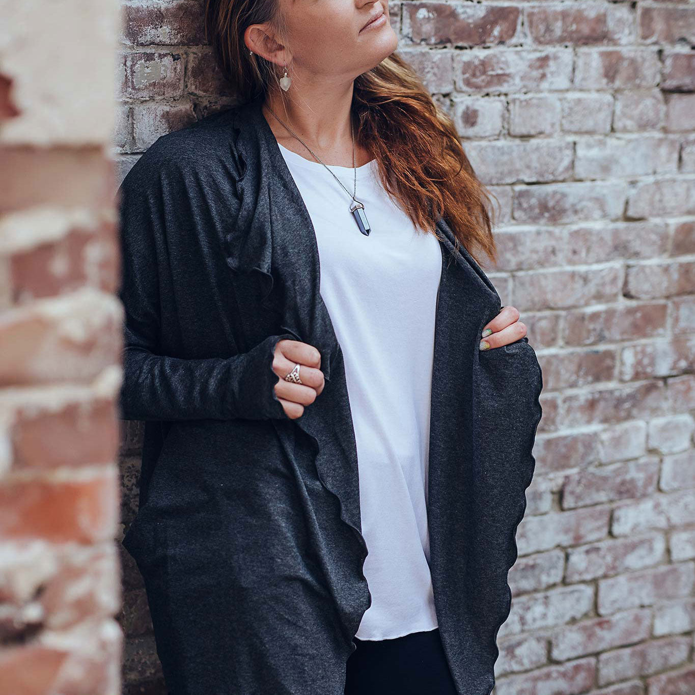 true pearl t in white with river in charcoal