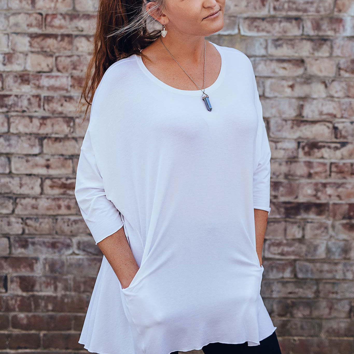 true pearl flowy t in white