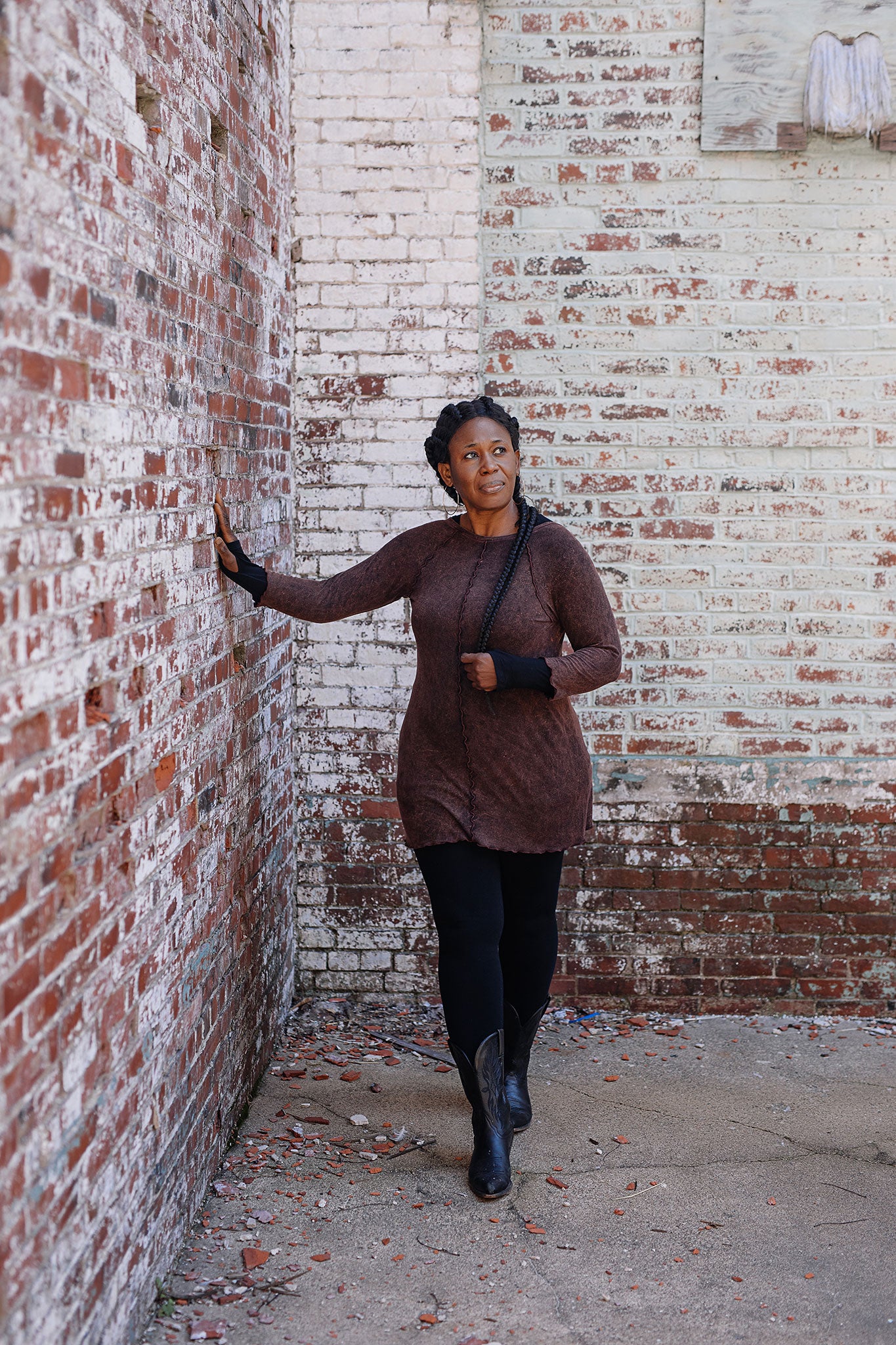 swing tunic top in lush mineral with black terry base legging