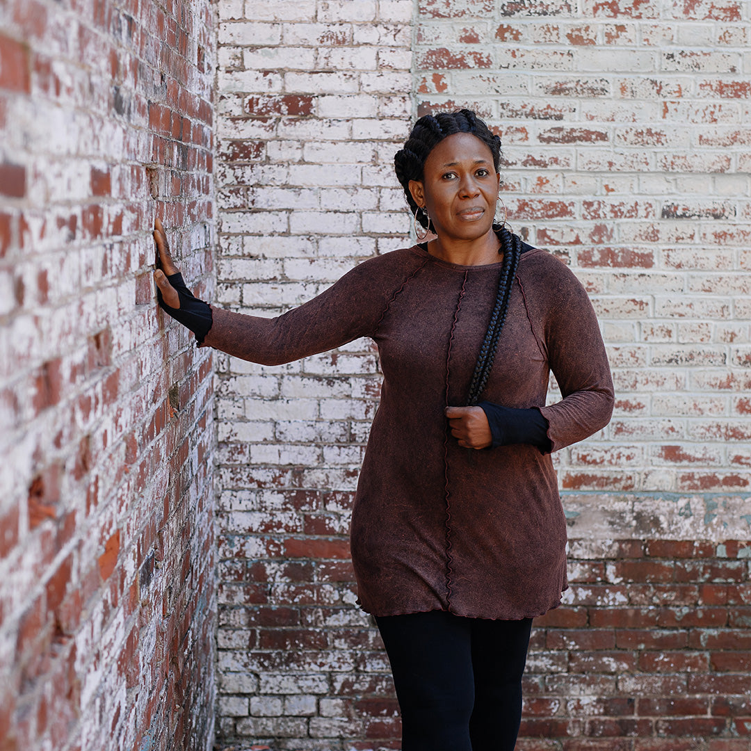 swing tunic top in lush mineral with black terry base legging