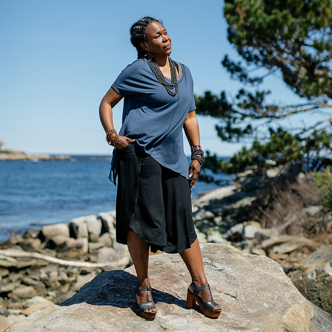 petal pant in black paired with breeze top in navy