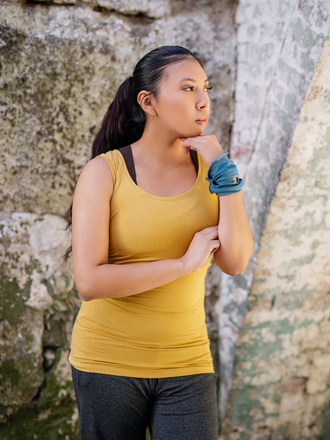 core essential tank in amber styled with charcoal kick + ocean band