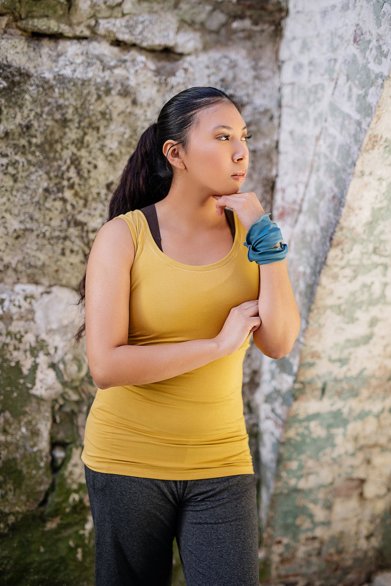 core essential tank in amber styled with charcoal kick + ocean band