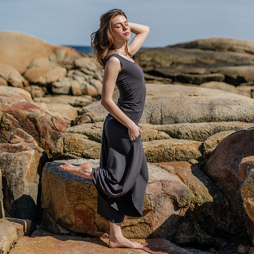 petal pant in carbon paired with core tank in carbon