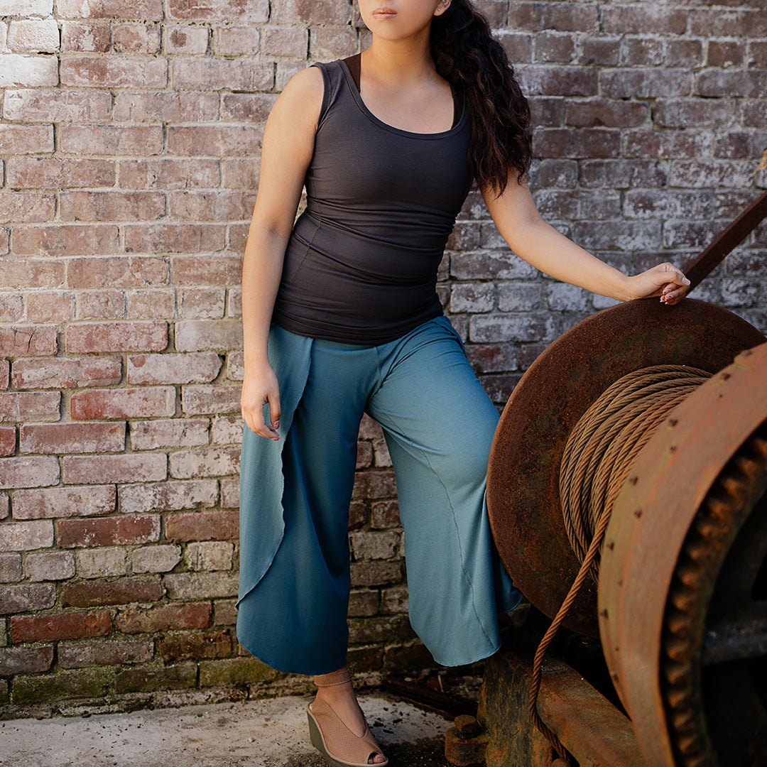 petal pant in ocean paired with core tank in carbon