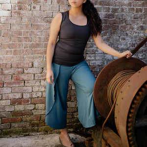 petal pant in ocean paired with core tank in carbon