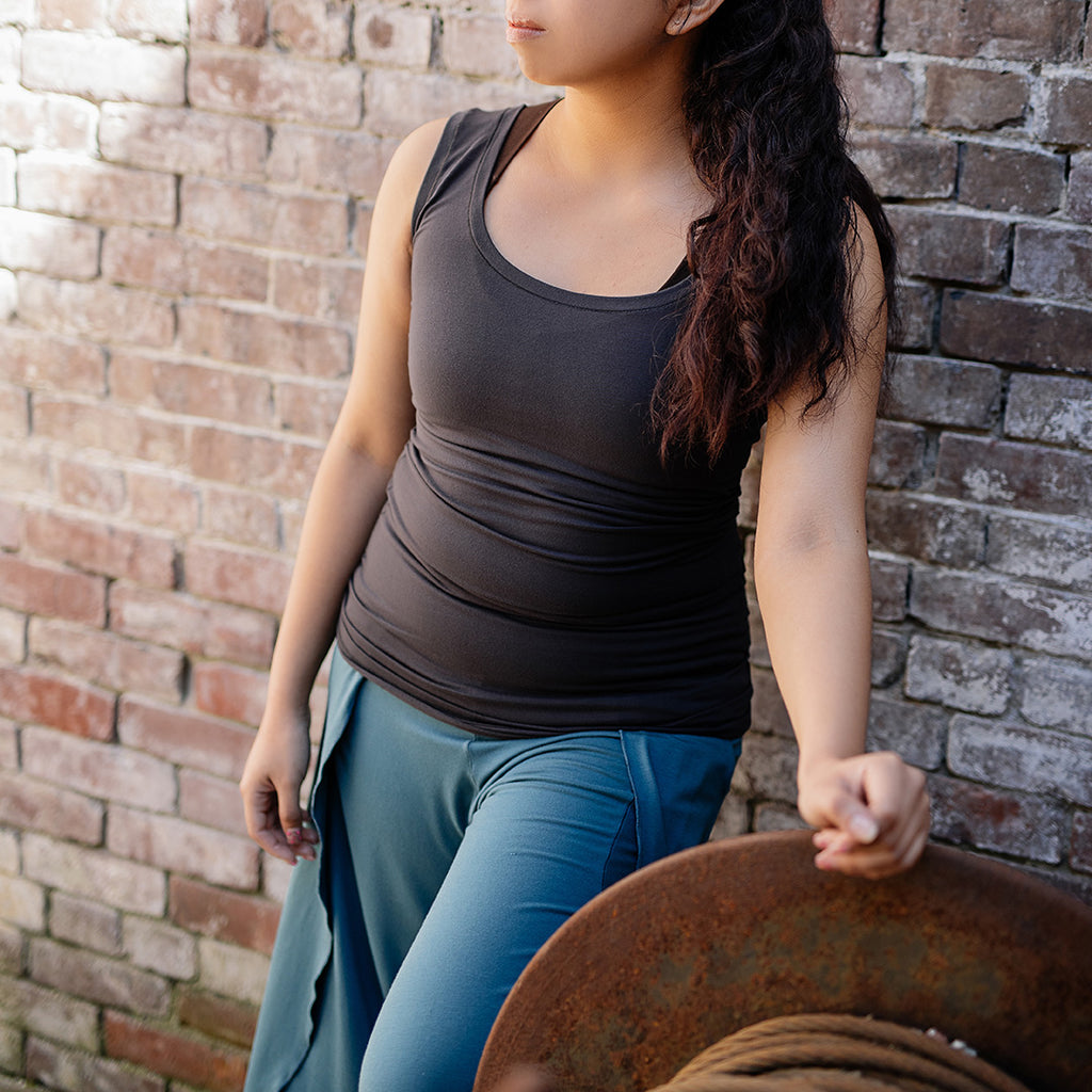 core essential tank in carbon with petal pant in ocean