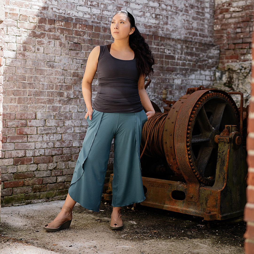 petal pant in ocean paired with core tank in carbon