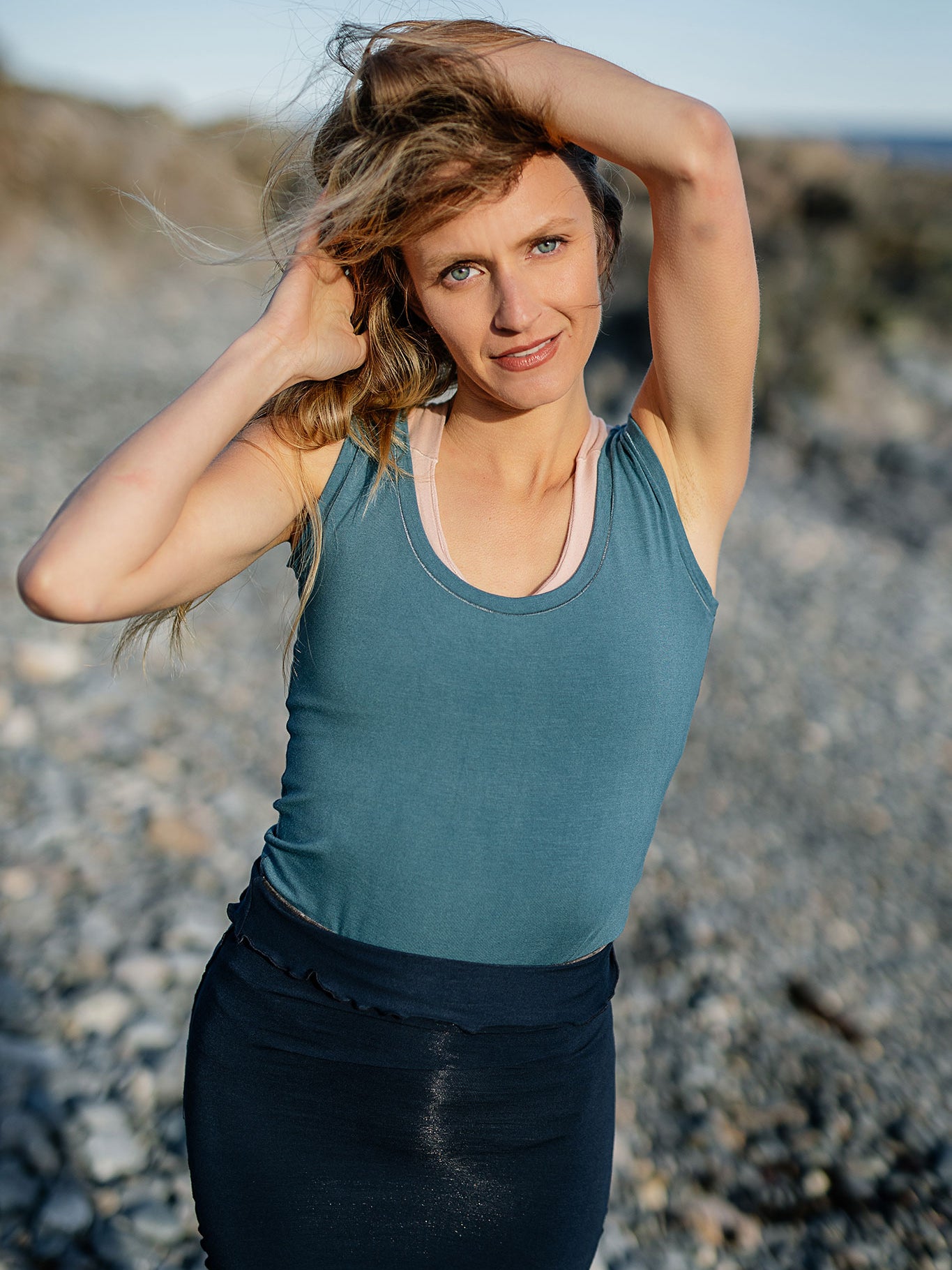 core essential tank in ocean styled with navy corset