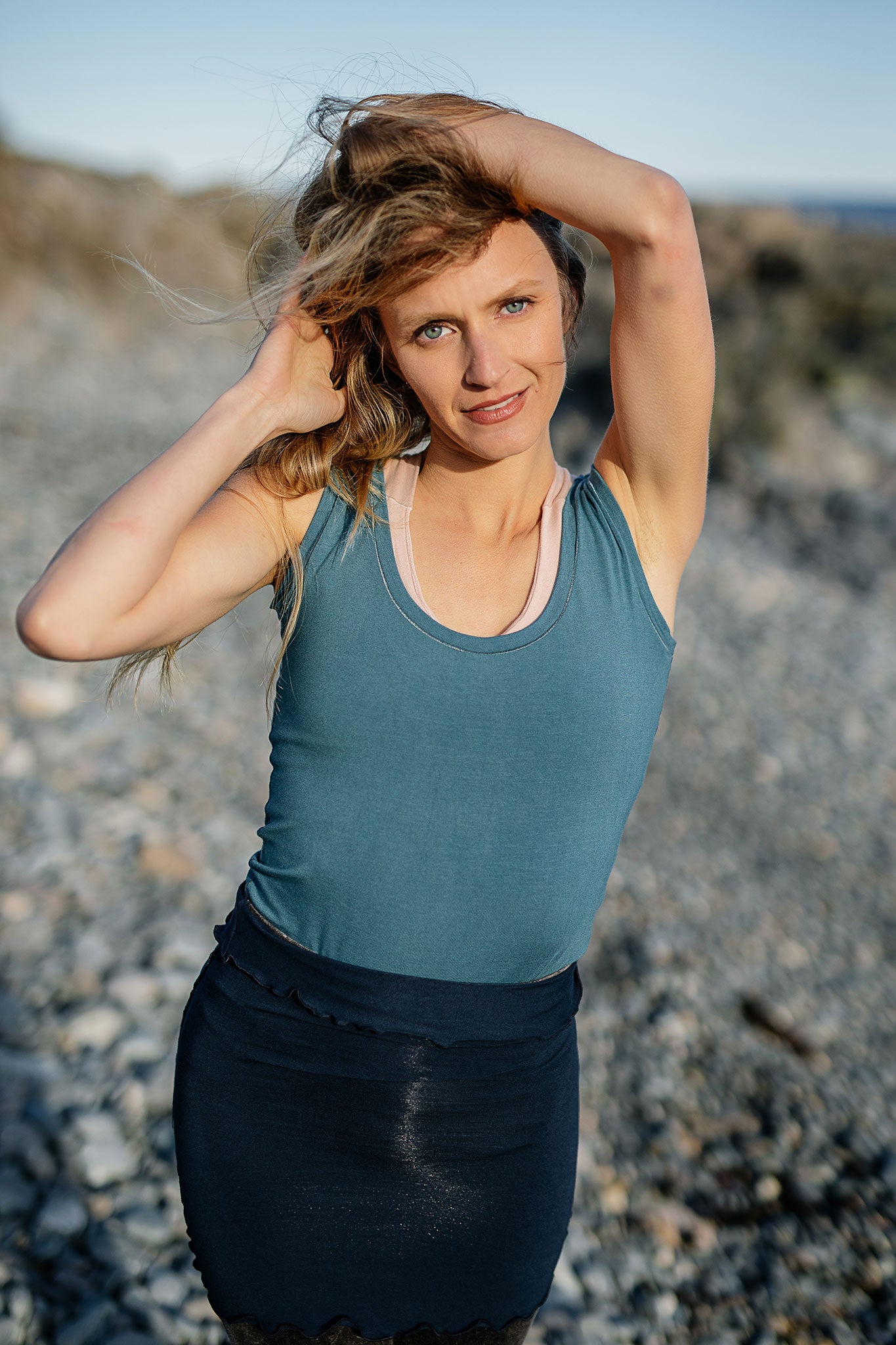 corset in navy styled with mineral capri + ocean core