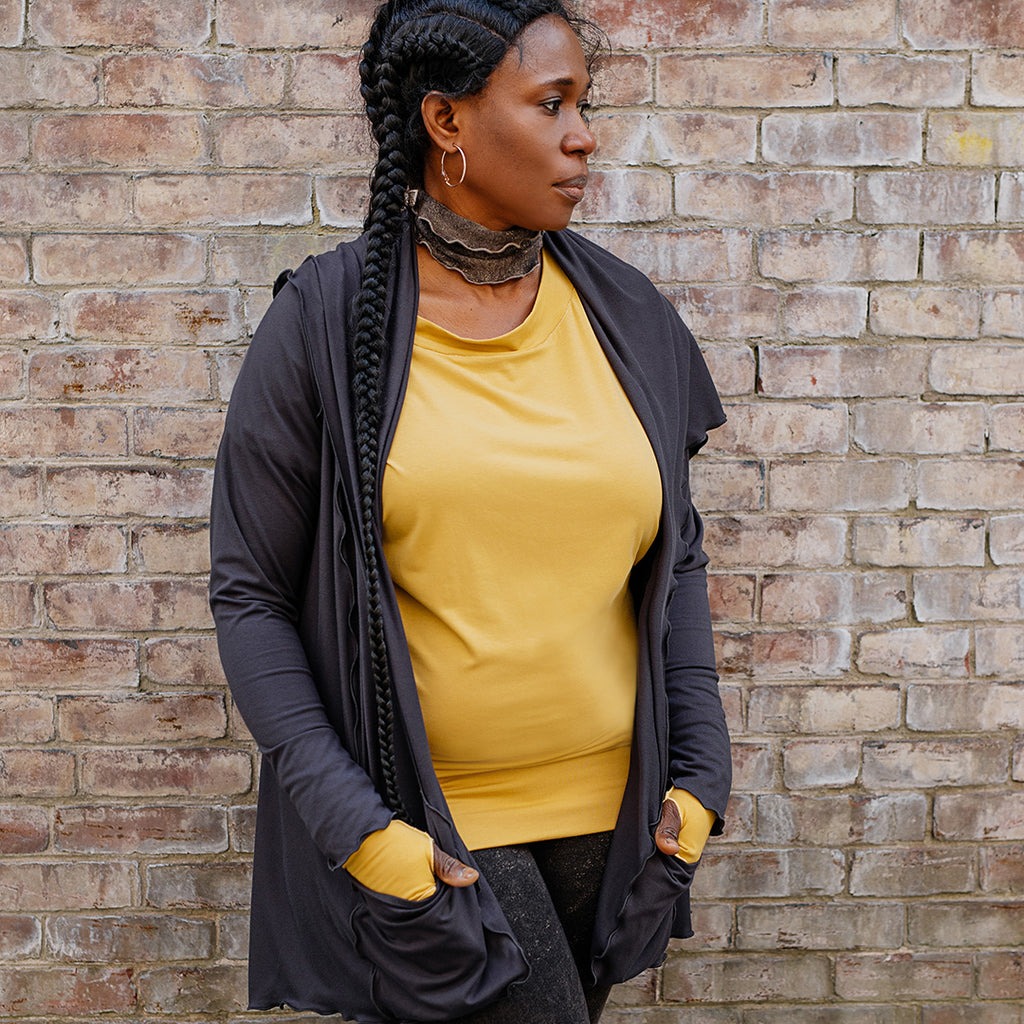 cardi in carbon with amber flash top, amber opera sleeves, mineral band + base leggings