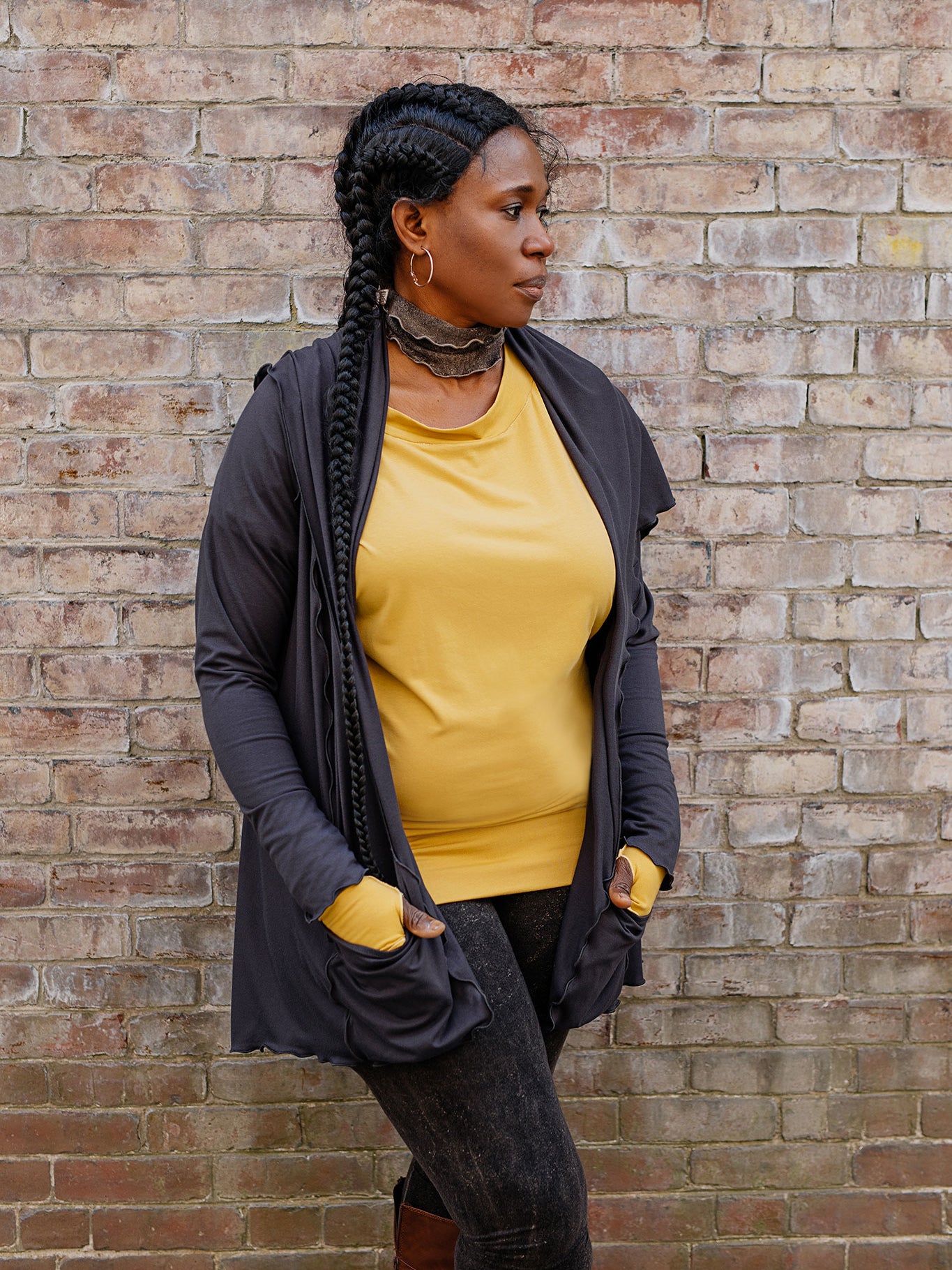 mineral band around the neck with flash top in amber, cardi jacket in carbon, amber opera sleeves, and mineral base legging