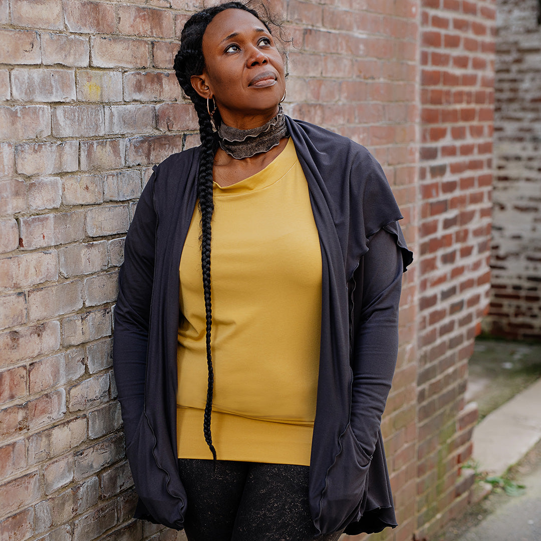 flash off shoulder top in amber under cardi jacket in carbon