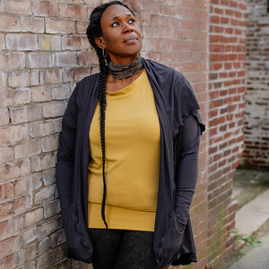 flash off shoulder top in amber under cardi jacket in carbon