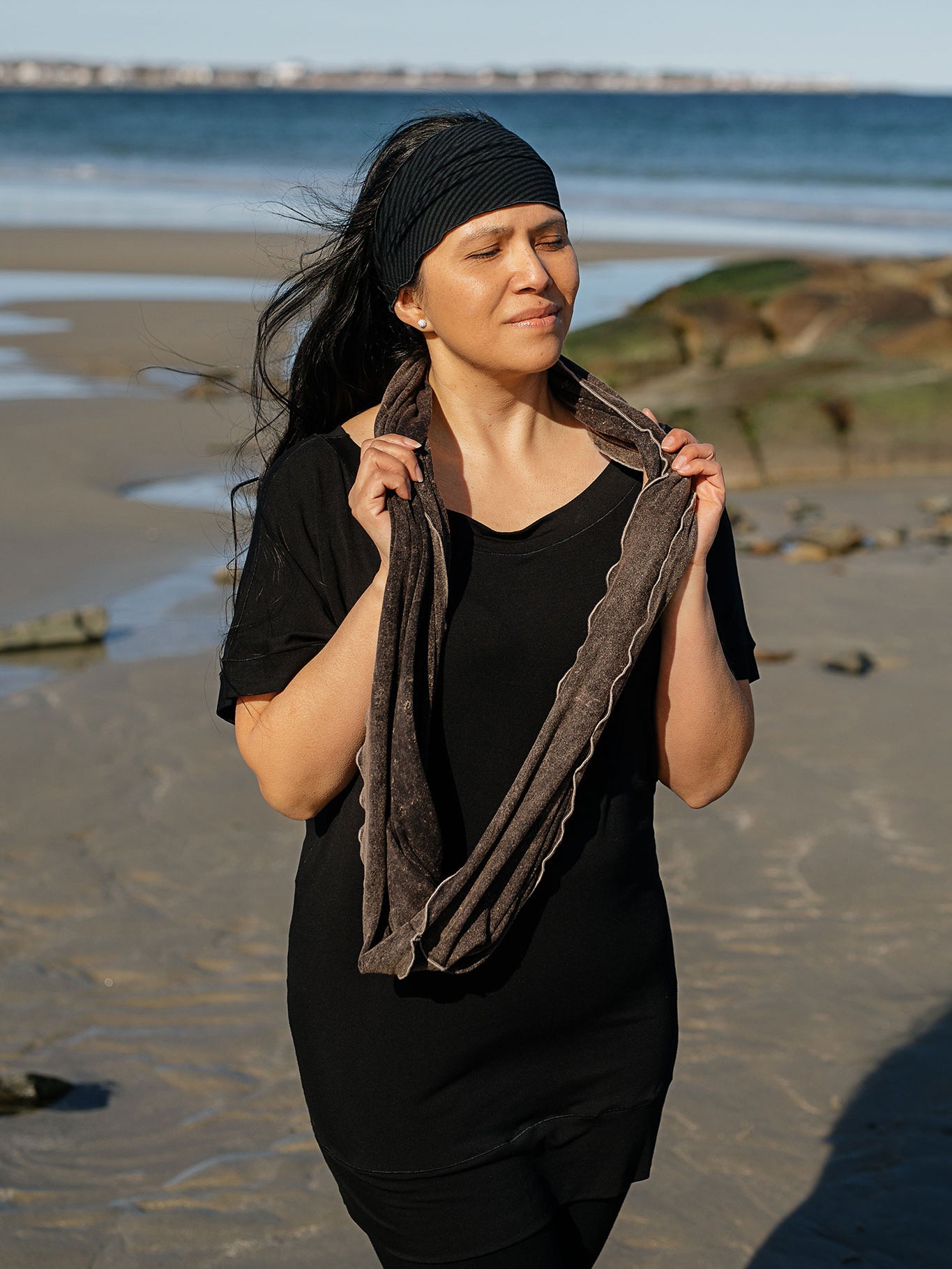 flash off shoulder top in black worn with loop in mineral and band in subtle black as a headband