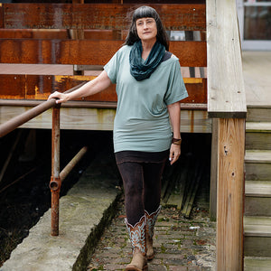 suger® flash off shoulder top in glass paired with mineral playsuit + blue mineral loop