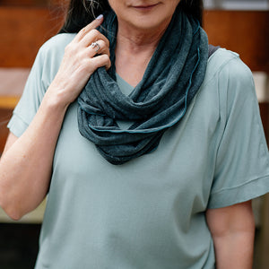 blue mineral loop infinity scarf styled with glass flash 