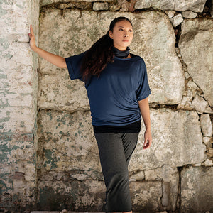 flash off shoulder top in navy paired with kick yoga pant in charcoal